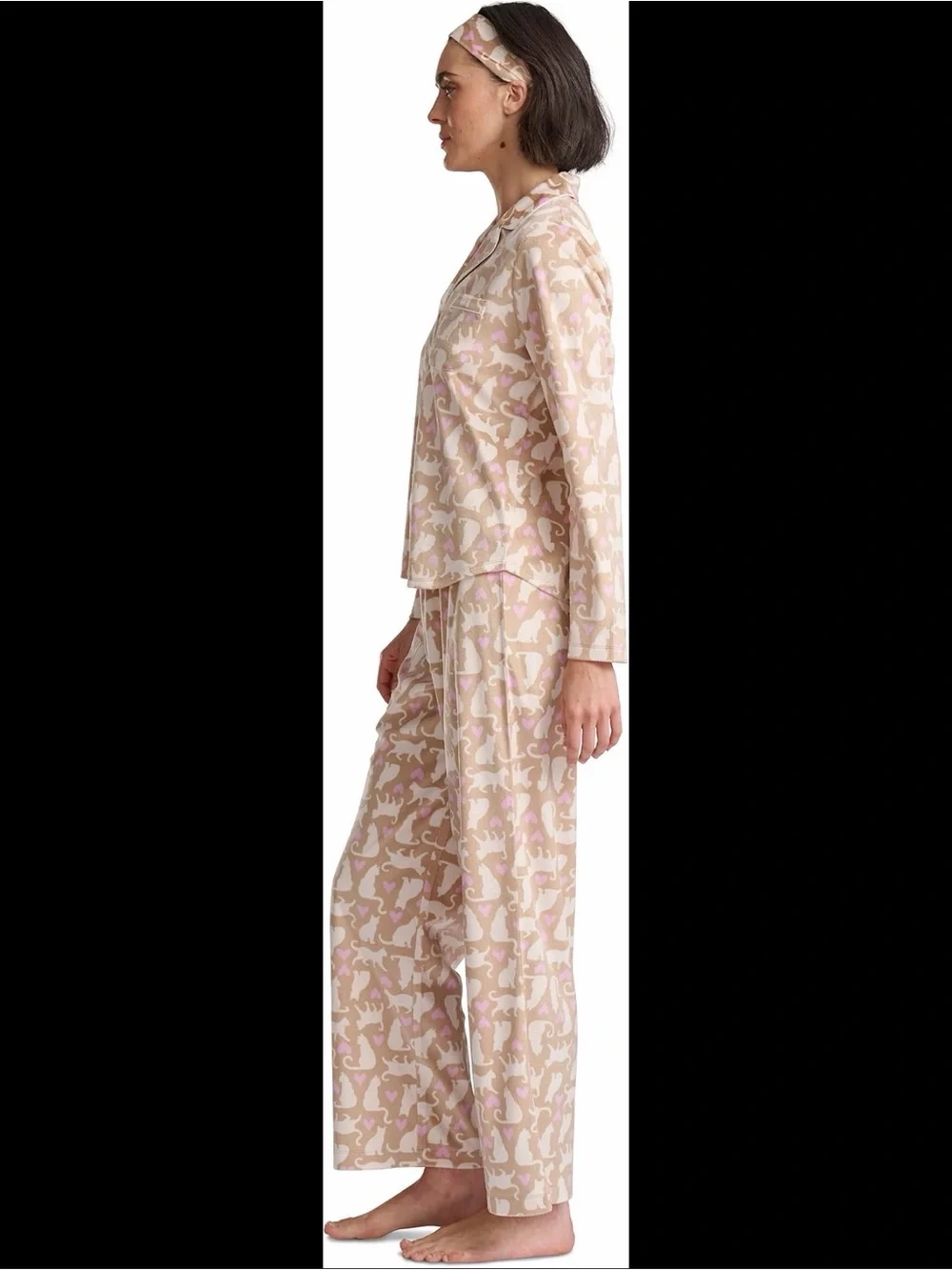 Karen Neuburger Beige and Pink Cat-Print Pajama Set